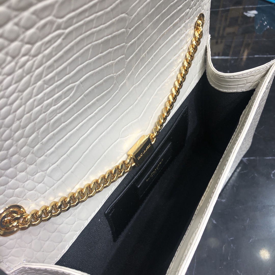 Saint Laurent Kate Tassel Medium Crocodile Embossed Calfskin Shoulder Bag White 354119 Gold